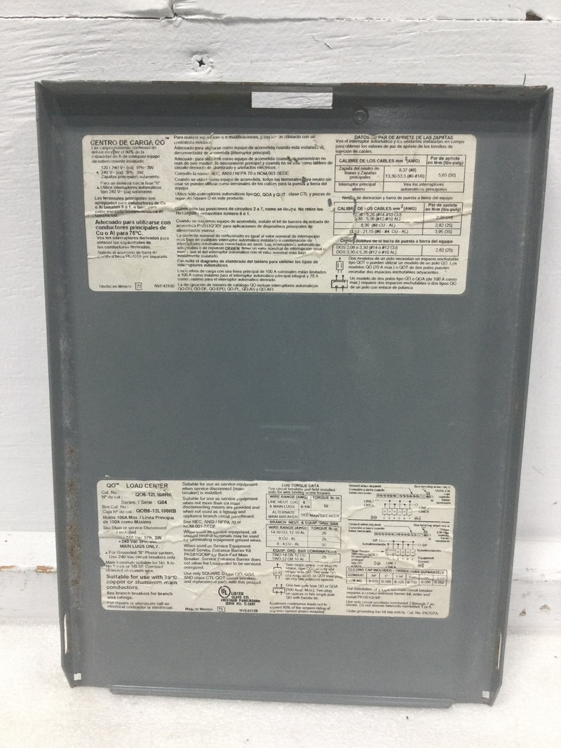 Square D QO6-12L100RB 100 Amp 6 Space 120/240V Panel Cover 12 1/2" x 9 1/8"