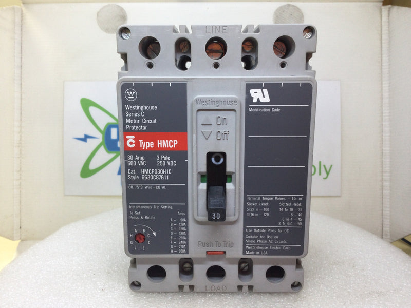 Westinghouse HMCP030H1C 30 Amp 3 Pole 600V Circuit Breaker