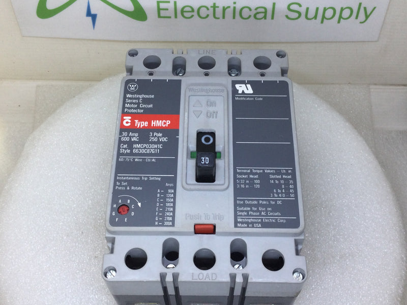 Westinghouse HMCP030H1C 30 Amp 3 Pole 600V Circuit Breaker