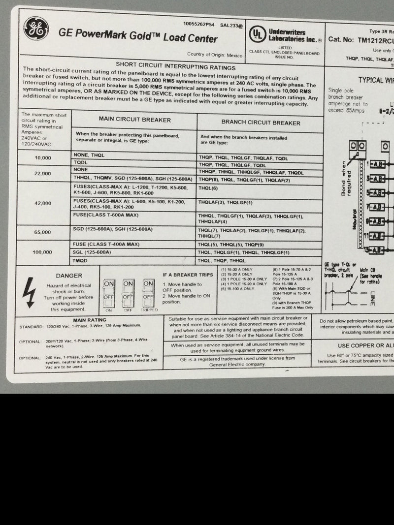 GE TM1212RCUBK1 125 Amp 12/24 Space 120/240v Load Center - No Main Breaker