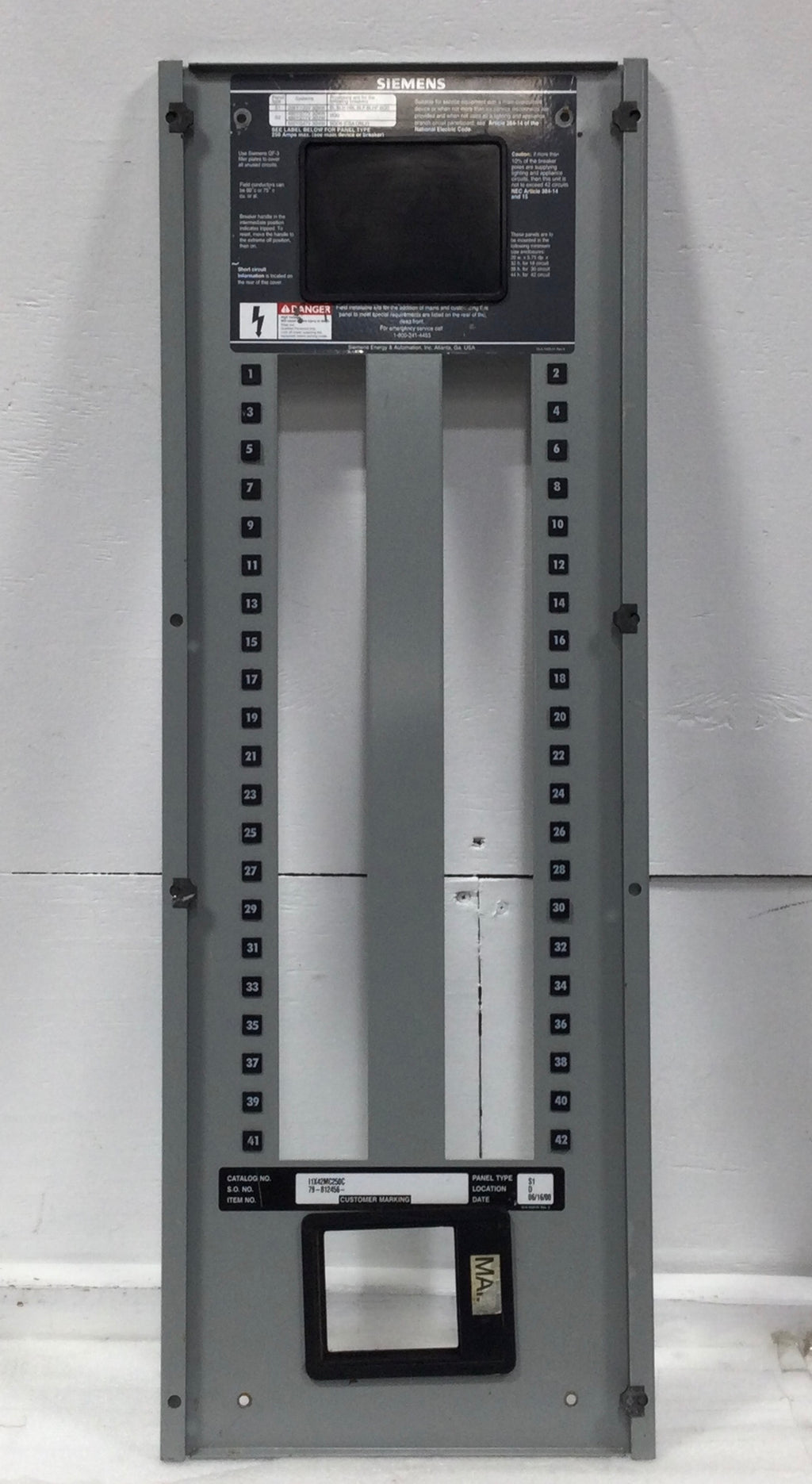 Dead Front Panel Label Siemens I1X42MC250C 42 Space 250 Amp Dead Front w/Main 36