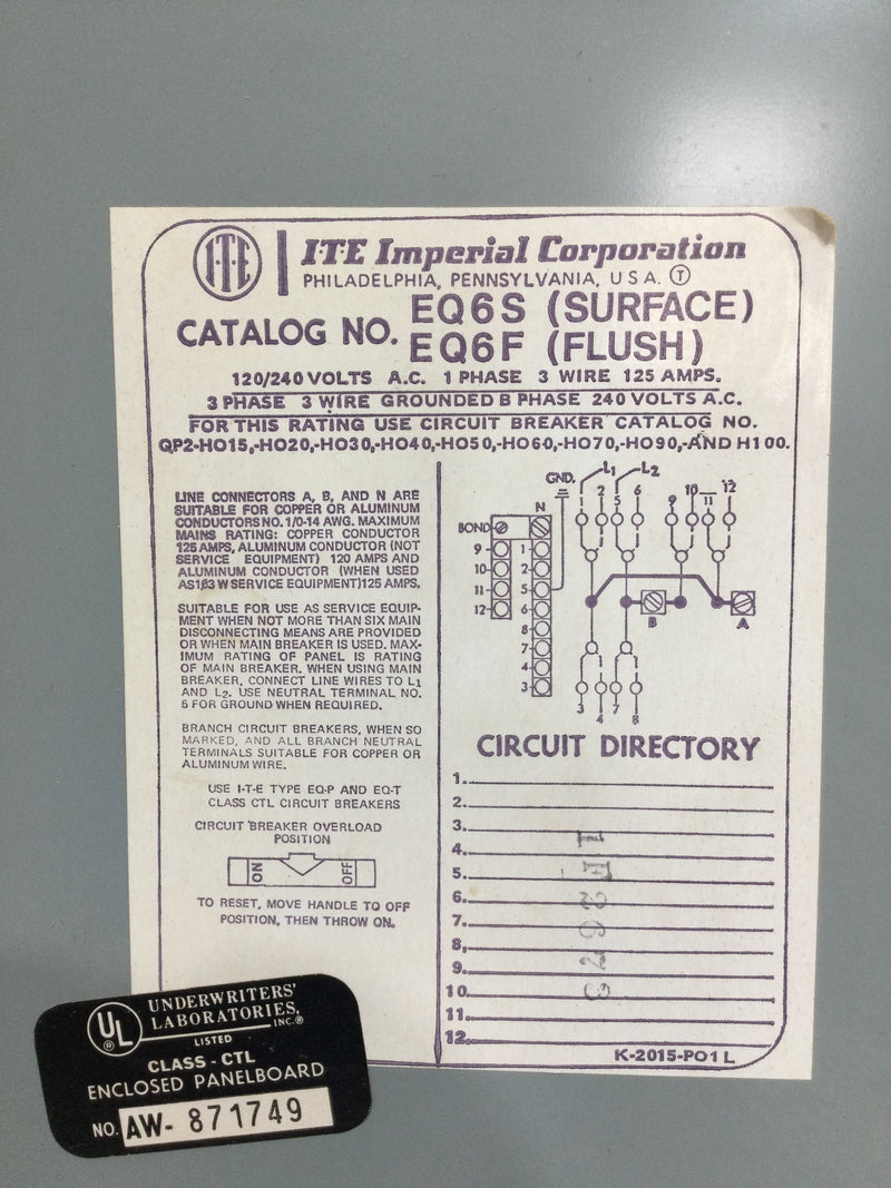 ITE EQ6S/F 125 Amp 6 Space 120/240V Panel Door Only 12 1/4" x 10 3/8"