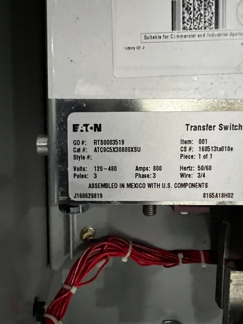 Eaton/CAT Contactor Based Transfer Switch 800 Amps 120-480V, 3 Pole, 3 Phase 3/4 Wire ATC9C5X30800XSU