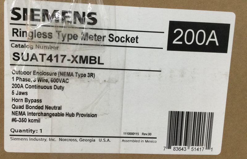 Siemens SUAT417-XMBL 200 Amp Ringless Type Meter Socket Outdoor NEMA 3R, 1 Phase 3 Wire, 5 Jaws Horn Bypass