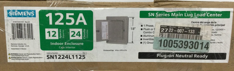 Siemens SN1224L1125 125 Amp Main Lug, Indoor, 12 Spaces/24 Circuits 1 Phase 3 Wire, 120/240V