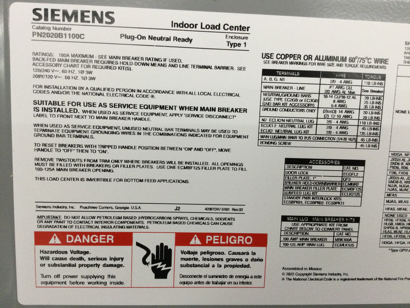 Siemens PN2020B1100C PN Series 100 Amp 20-Space 20-Circuit Main Breaker Plug-On Neutral Load Center Indoor with Copper Bus