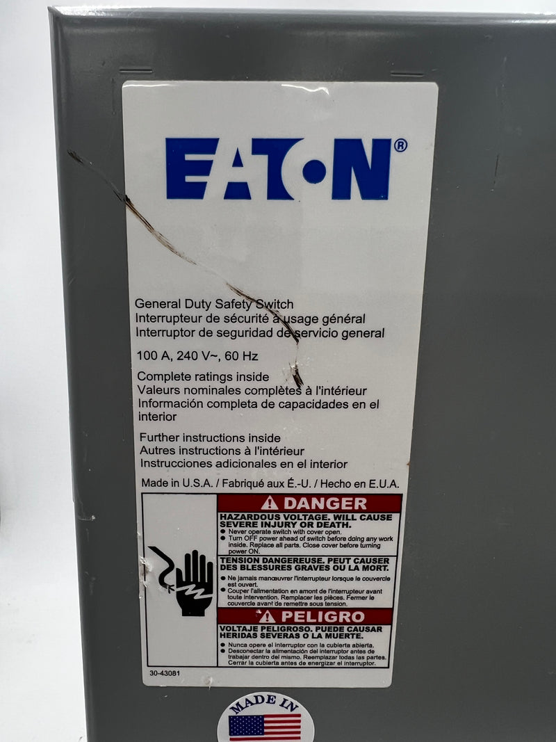 Eaton DG323NGB Safety Switch Type 1 100a 240v 3p Fused 100 Amp