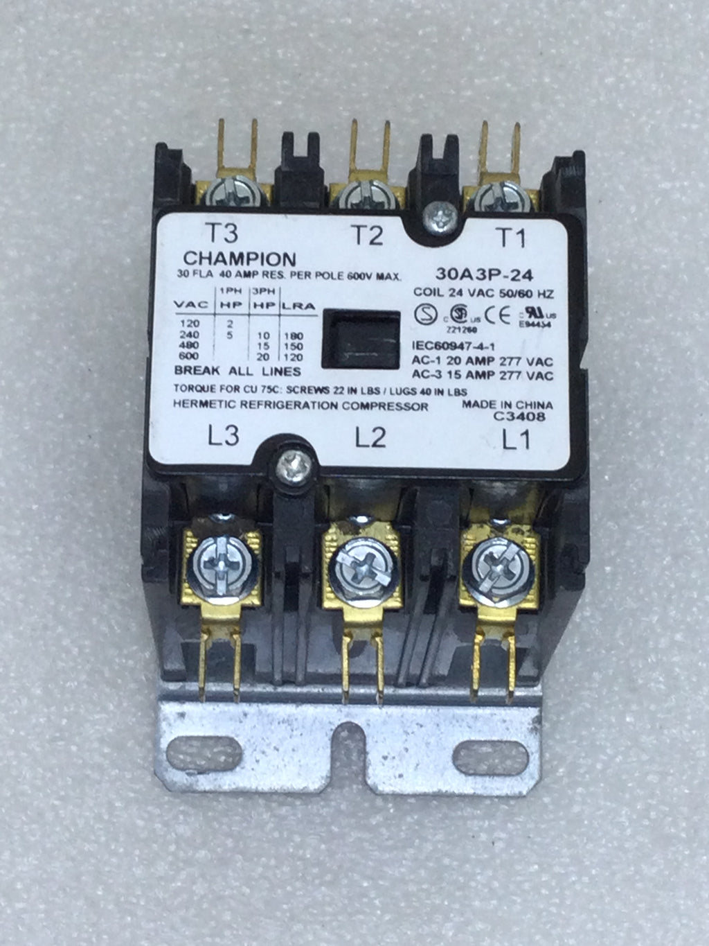 Champion 30A3P-24 3 Pole 30/40 Amp 277 VAC Definite Purpose Contactor