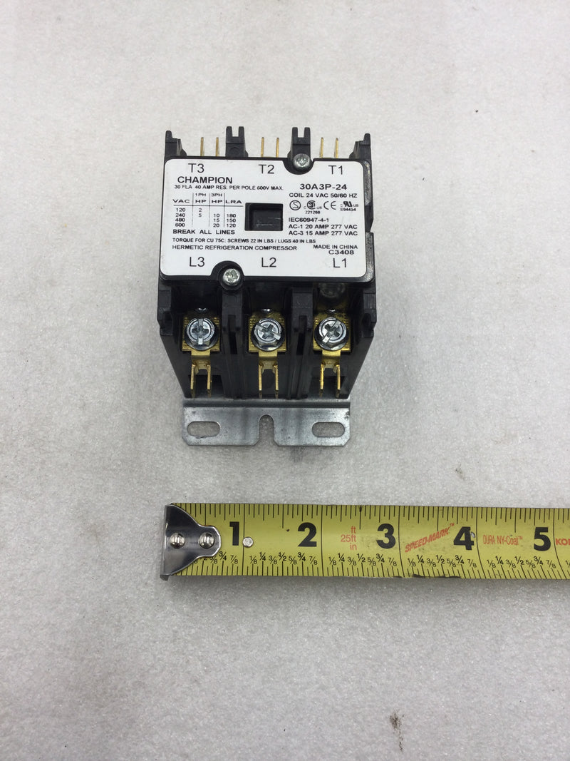 Champion 30A3P-24 3 Pole 30/40 Amp 277 VAC Definite Purpose Contactor 24 VAC Coil