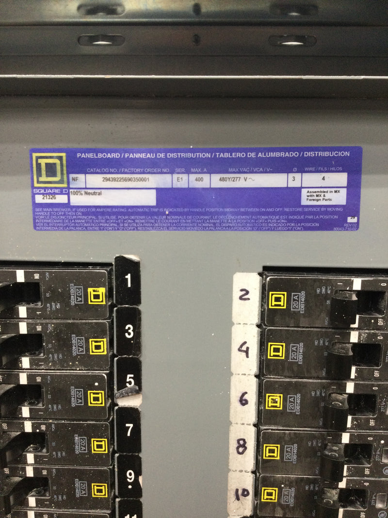 Square D Type NF Series E1 400 Amp 3 Phase 4 Wire 480Y/277V NF Panelboard with Breakers