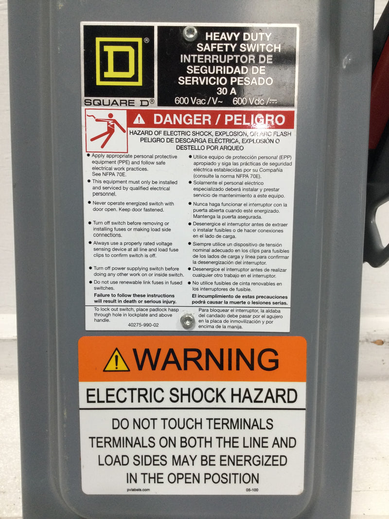 Square D HU361RB 30 Amp 3 Phase 600V Nema 3R Safety Switch 15" x 7 1/2"