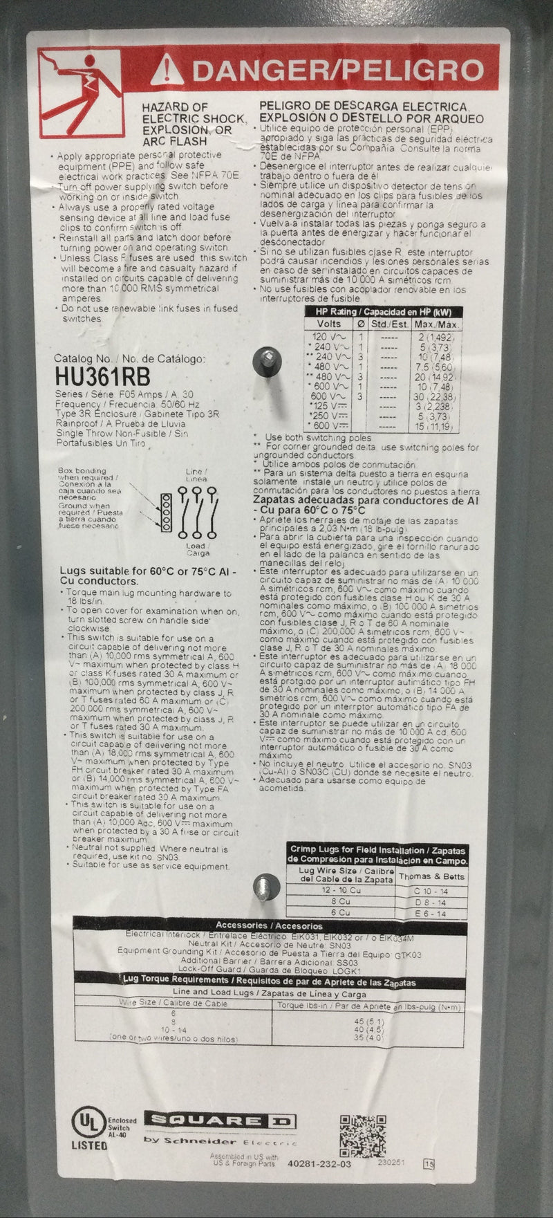 Square D HU361RB 30 Amp 3 Phase 600V Non-Fused Safety Switch 15" x 7 1/2"