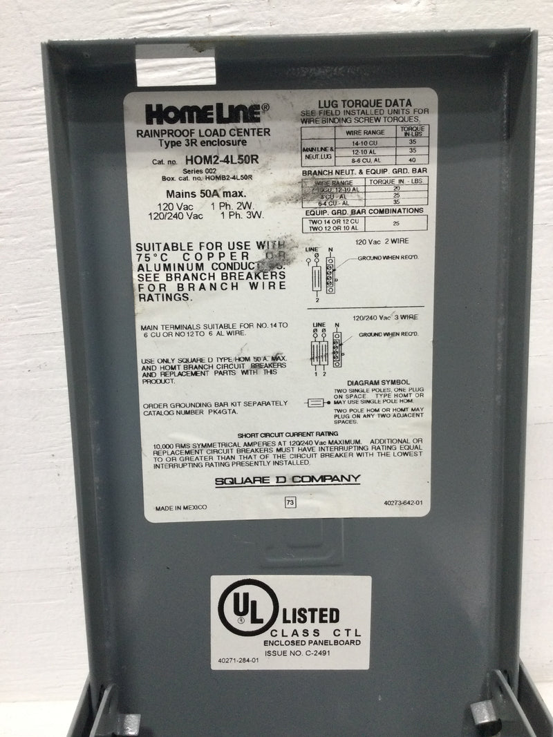 Square D HOM2-4L50R 50 Amp 2 Space 120/240V Disconnect Enclosure 9 1/2" x 5 1/4"