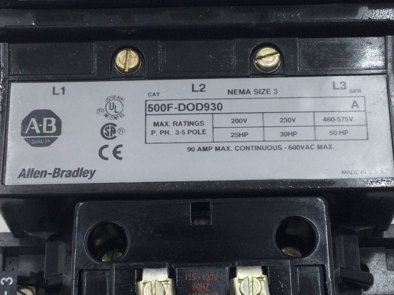 Allen-Bradley 500F-DOD930 90 Amp 3-5 Pole 600V Contactor Coil