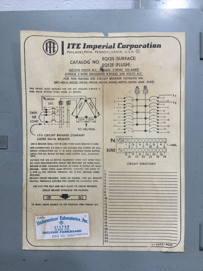 ITE EQ12S/F 125 Amp 12 Space 120/240V Panel/Door Only 15 1/8" x 13 1/2"