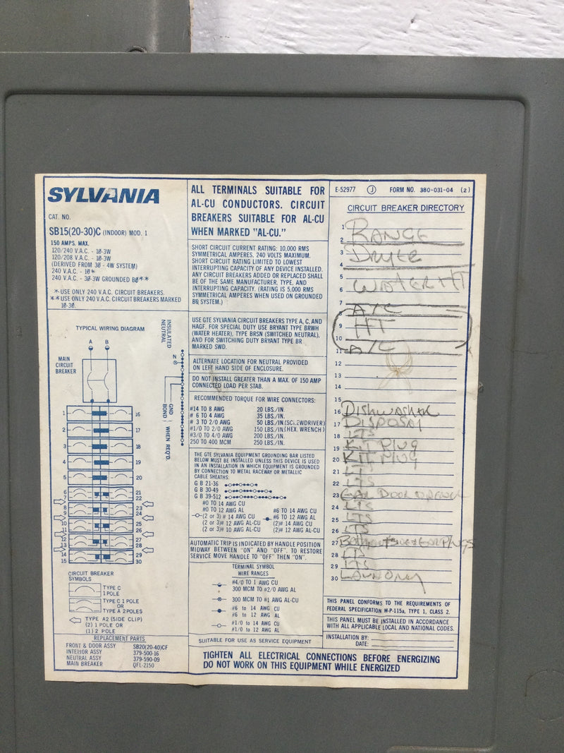 Sylvania SB15(20-30)C 150A 20 Space 120/240V Panel Door w/Main 30 1/8" x 15 1/8"