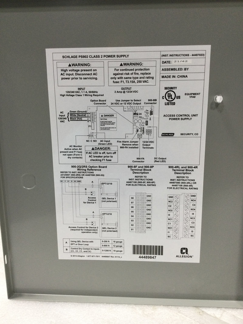 Schlage PS902-2RS-FA Class 2 Power Supply with Fire Alarm Input 12/24 VDC Output