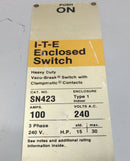 ITE SN-423 100 Amp 3 Pole 240 VAC Vacu-Break Fusible Safety Switch 7.5-30 HP