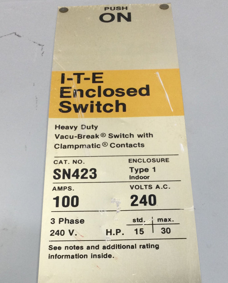 ITE SN-423 100 Amp 3 Pole 240 VAC Vacu-Break Fusible Safety Switch 7.5-30 HP