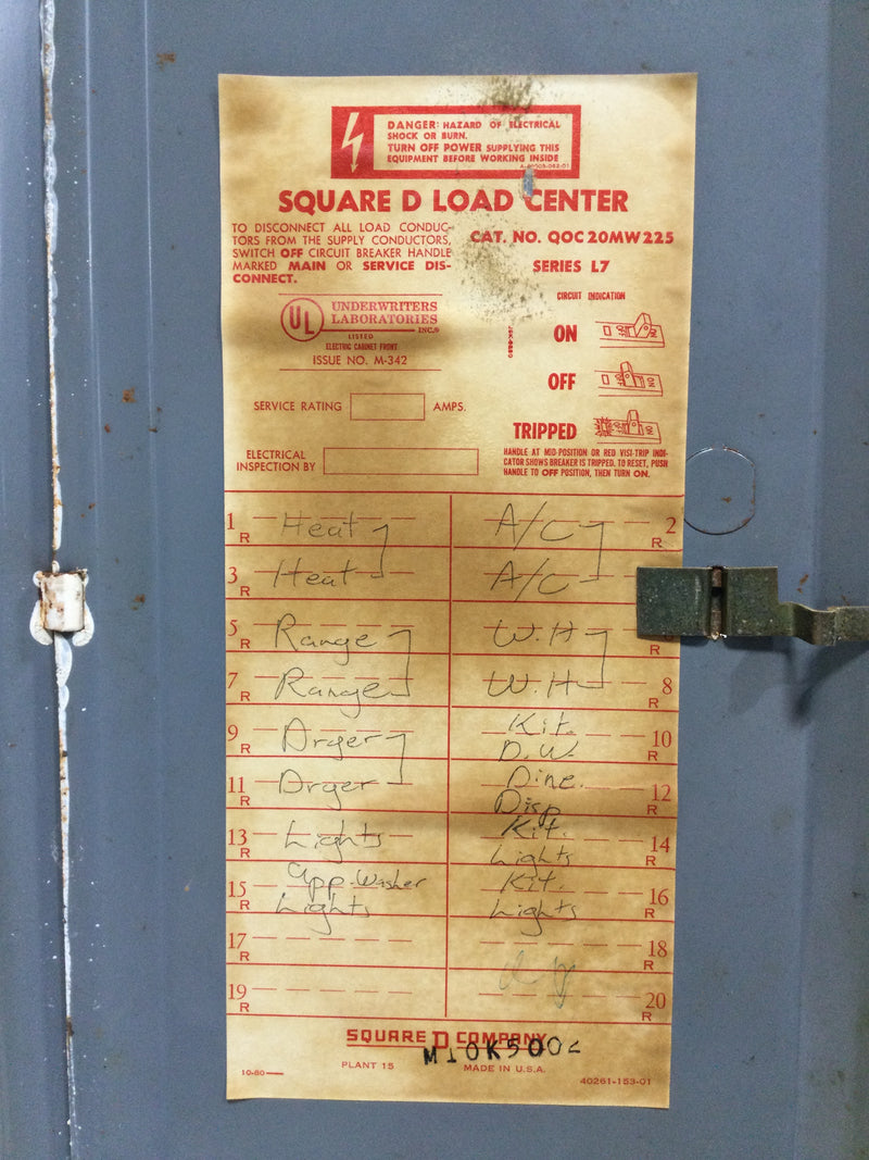 Square D QOC20MW225 225A 20 Space 120/240V Panel/Door w/Main 27 1/4" x 15 1/2"