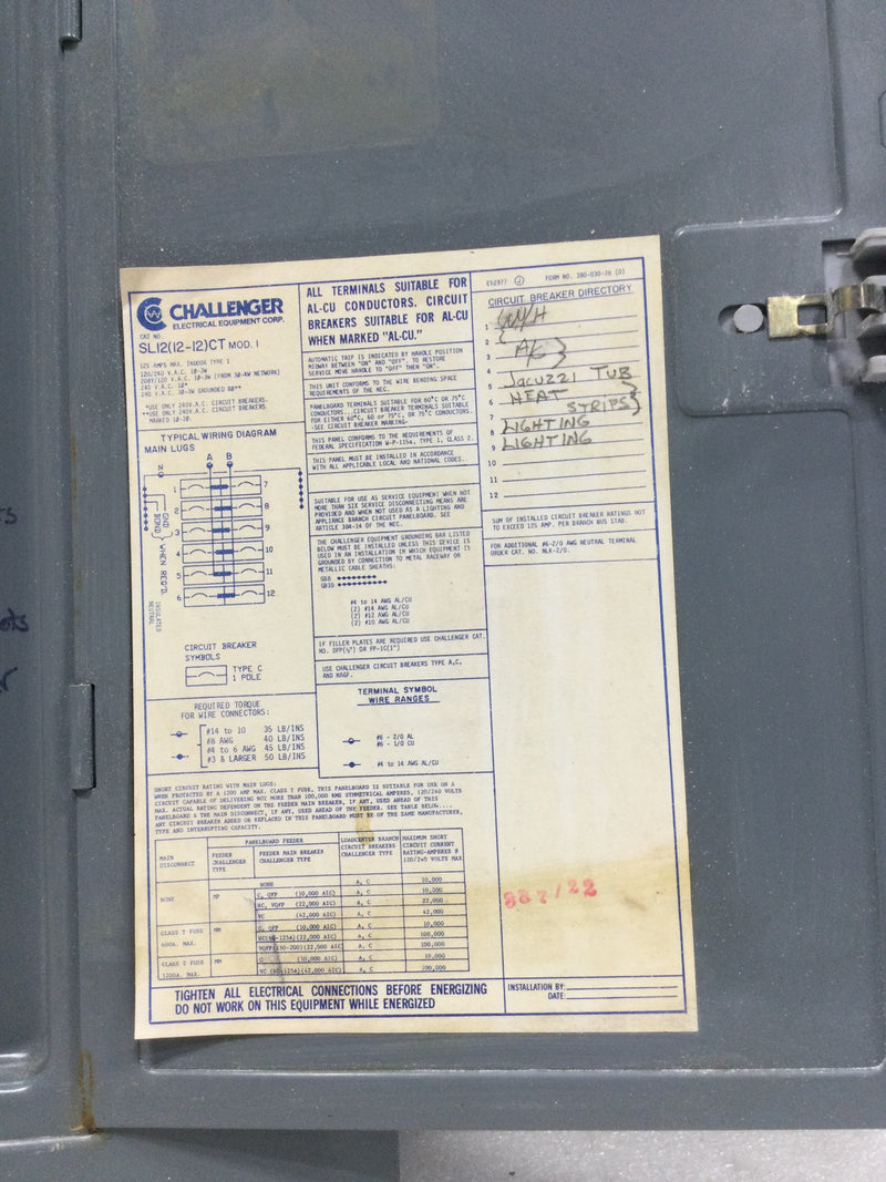 Challenger SL12(12-12)CT 125 Amp 12 Space 120/240V Panel Door 18 1/8" x 15 1/8"