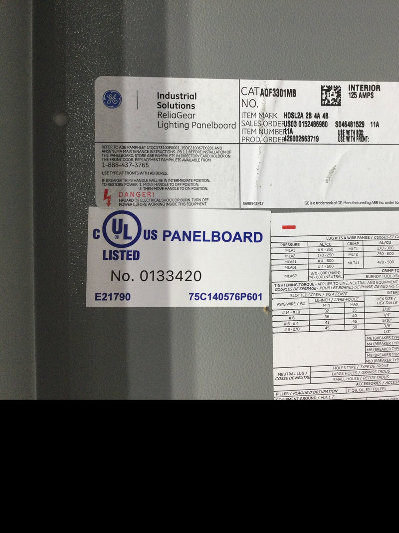 General Electric Reliagear Lighting Panelboard AQF3301MB Main Lug Pane