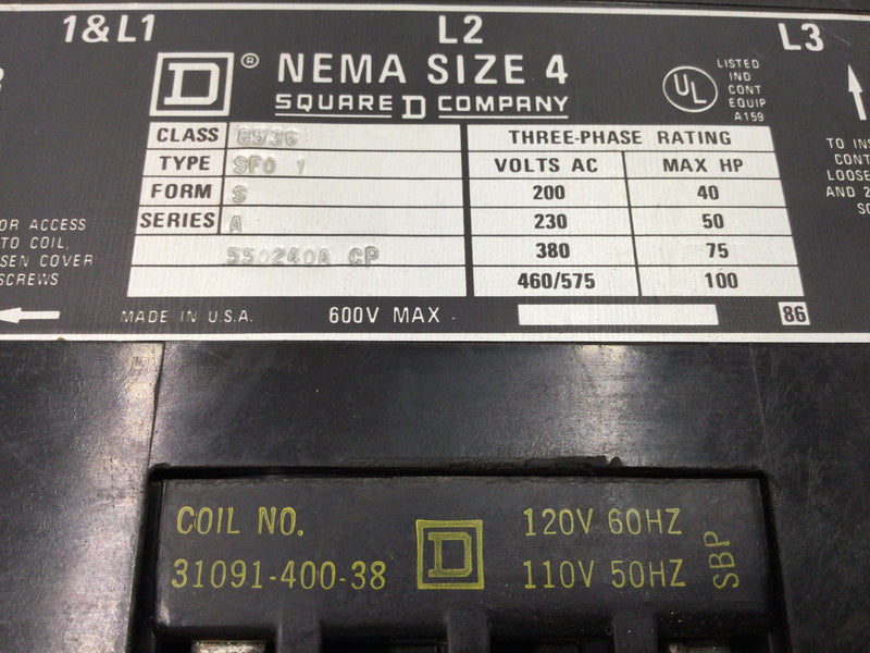 Square D 8536SF01 Nema Size 4 Series A 3 Phase 100 HP Motor Starter Coil