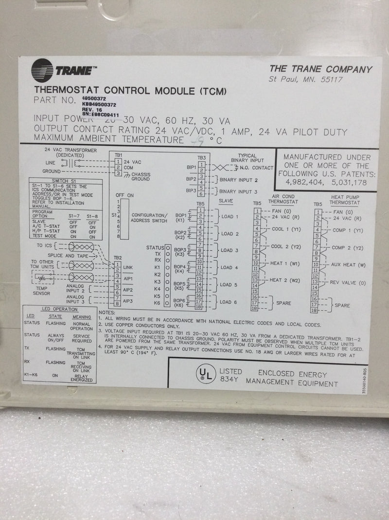 Trane Xm30 Module Trane Thermostat Control Module (TCM) 49500372 with 33510158 Control B