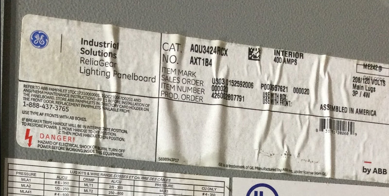 GE AQU3424RCX 400 Amp 208y/120v 3 Phase Panelboard 76-1/2" x 20" x 5-13/16"