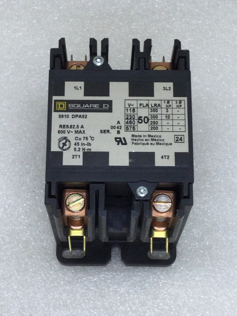 Square D 8910 DPA52 50Amp 600 VAC Max 2 Pole 120 VAC Coil Definite Purpose Contactor