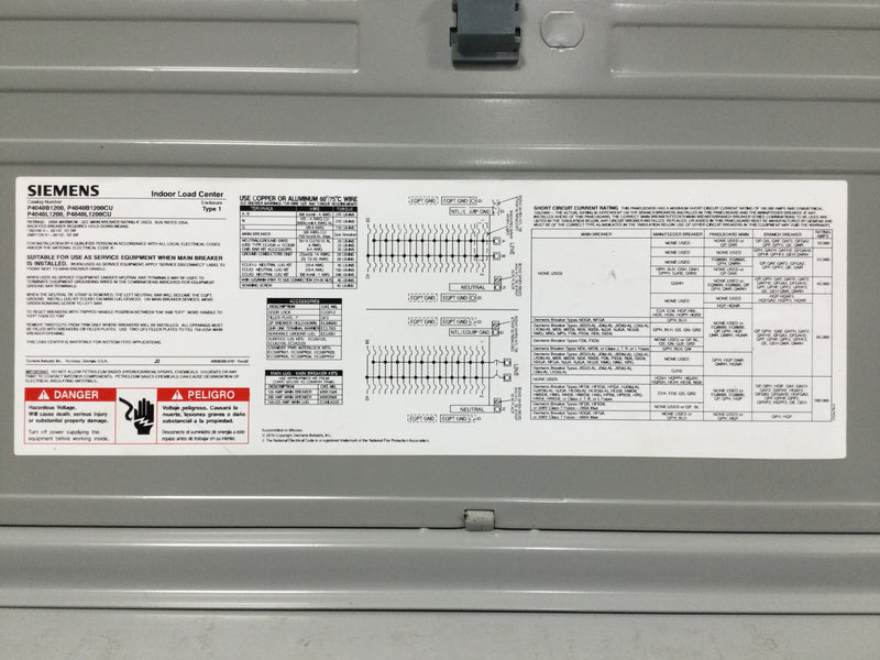 Siemens P4040B1200 200A 40 Space 120/240V Panel/Door w/Main 37 1/8" x 15 1/2"