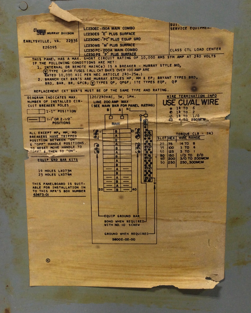 Murray LC230EC 150 Amp 30 Space 120/240V Panel Door w/Main 28 3/8" x 14 1/2"
