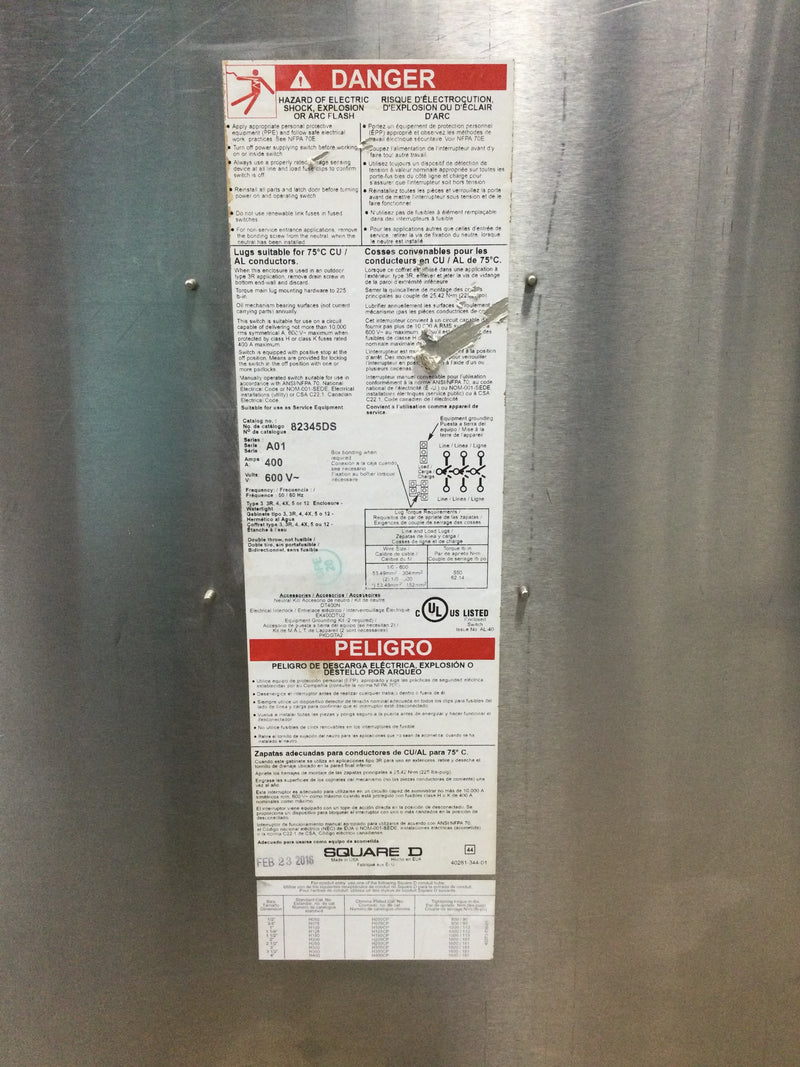 Square D 82345DS 400 Amp 3 Pole 600 VAC Double Throw Non-Fusible Stainless Steel Nema 4/4X Safety Switch