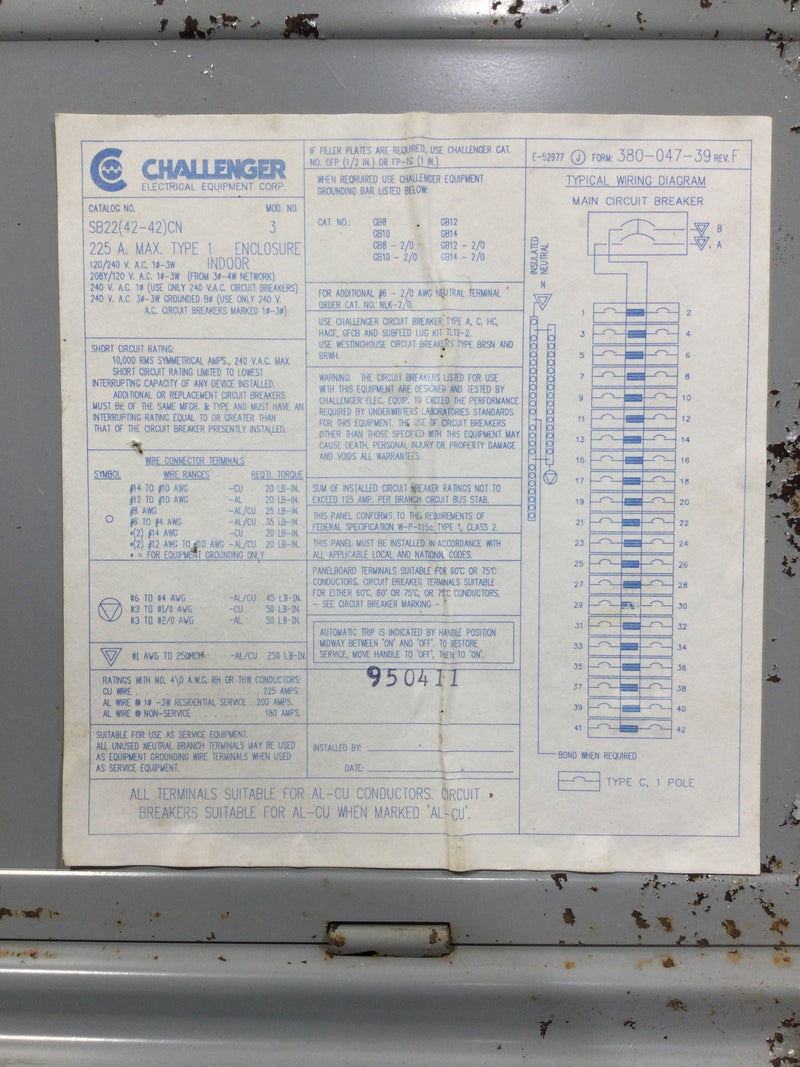 Challenger SB22(42-42)CN 225A 42 Space 120/240V Panel w/Main 34 1/8" x 15 1/8"