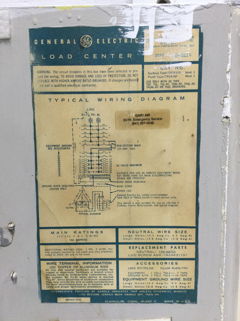 GE General Electric TX2415S/F Cover/Door Only 150 Amp 120/240V 32 Poles Max 25 3/8" x 14"