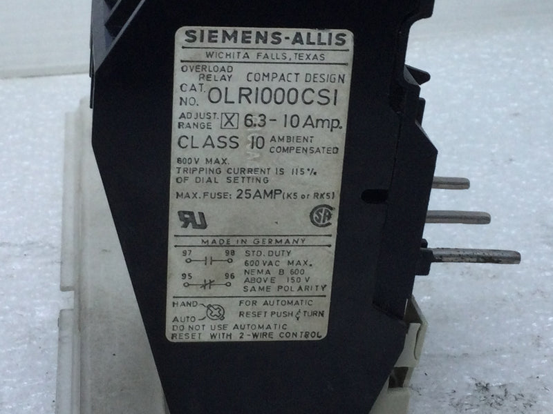 Siemens-Allis OLRI000CSI 6.3-10A 600V Max Overload Relay