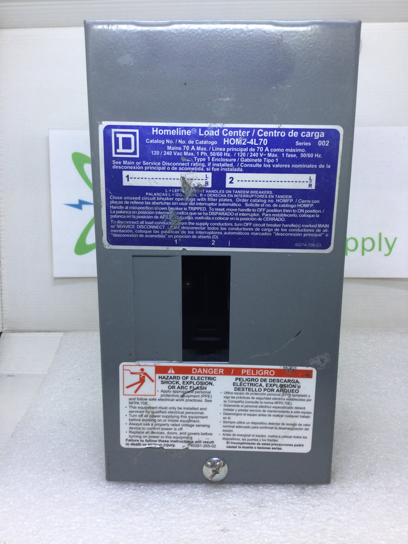 Square D HomeLine HOM2-4L70S 2-Spaces 4-Circuits 120/240V Indoor Load Center