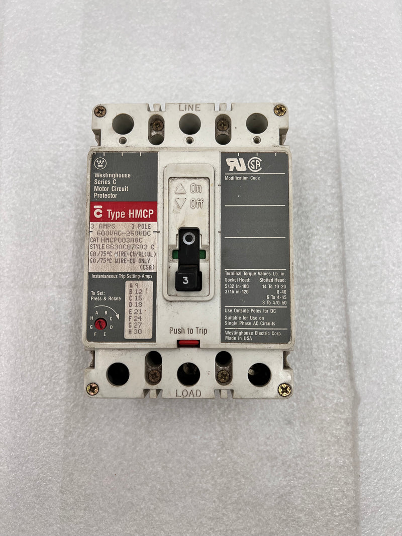 Westinghouse HMCP003A0C 3 Amp 3 Pole 600V Circuit Breaker