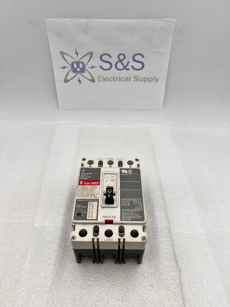 Westinghouse HMCP003A0C 3 Amp 3 Pole 600V Circuit Breaker