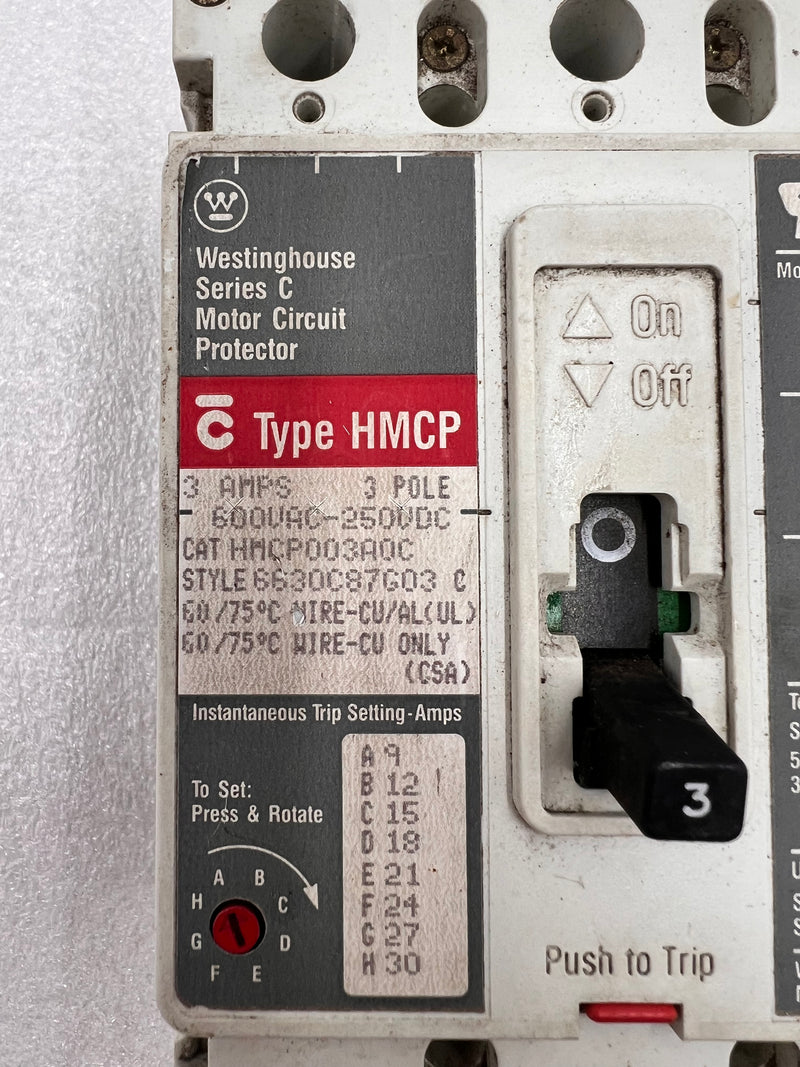 Westinghouse HMCP003A0C 3 Amp 3 Pole 600V Circuit Breaker