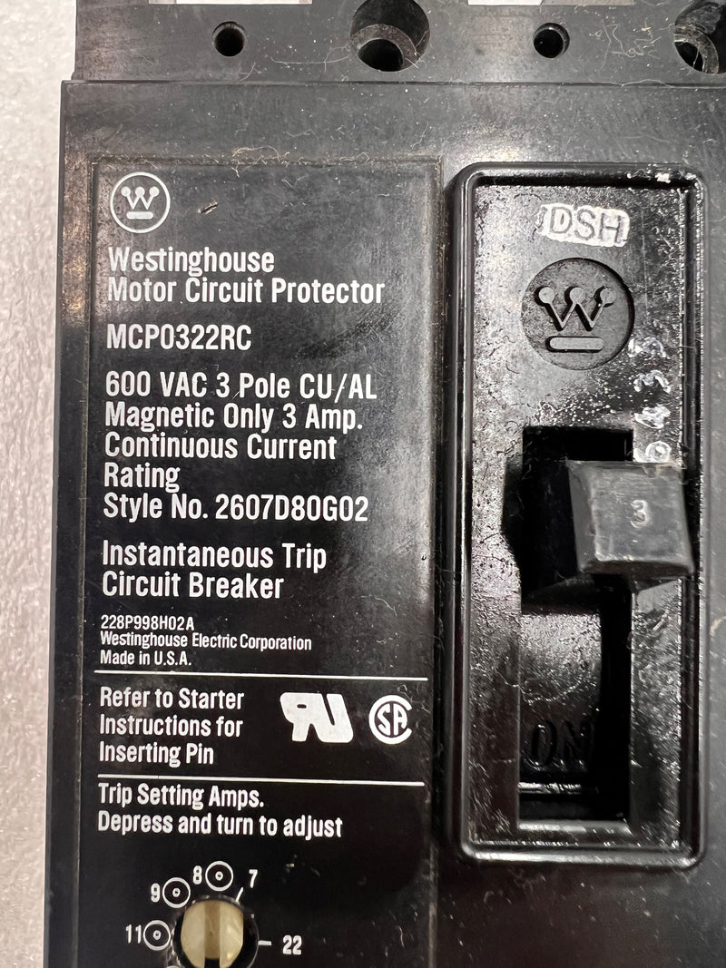 Westinghouse MCP0322RC 3 Pole 3 Amp 600v Circuit Breaker