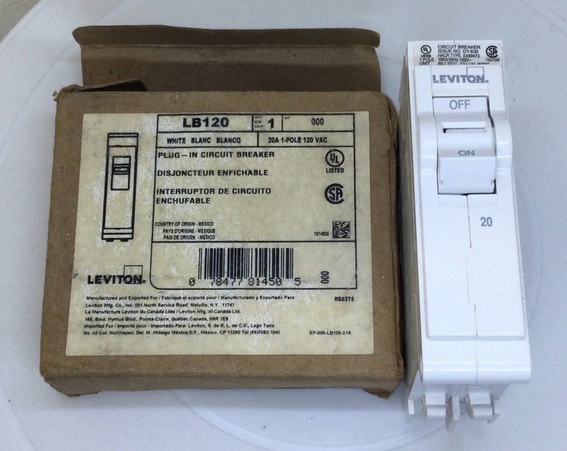 Leviton LB120-T 20 Amp 1 Pole 120/240V Thermal Magnetic Branch Circuit Breaker