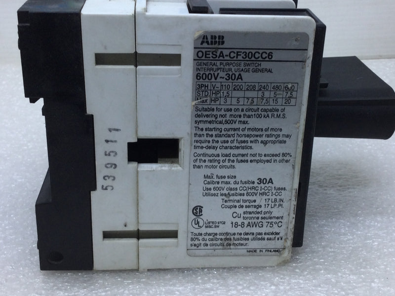 ABB OESA-CF30CC6 3 Phase 600V 30 Amp General Purpose Switch Interrupteur, Fusible, Max Fuse Size 30A, Class CC Fuses