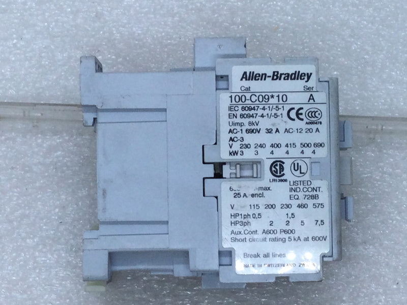 Allen-Bradley 100-C09*10 Series A 3 Pole 25 Amp 600VAC IEC Contactor Din Rail Mount