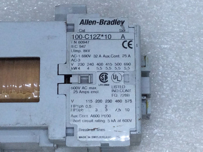 Allen-Bradley 100-C12Z*10 Standard Contactor 25 Amp 500Vac Max. Series A