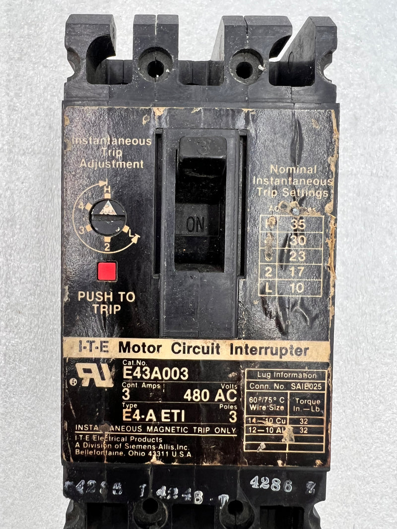 ITE E43A003 3 Pole 3A 480VAC Type E4-A ETI Circuit Breaker