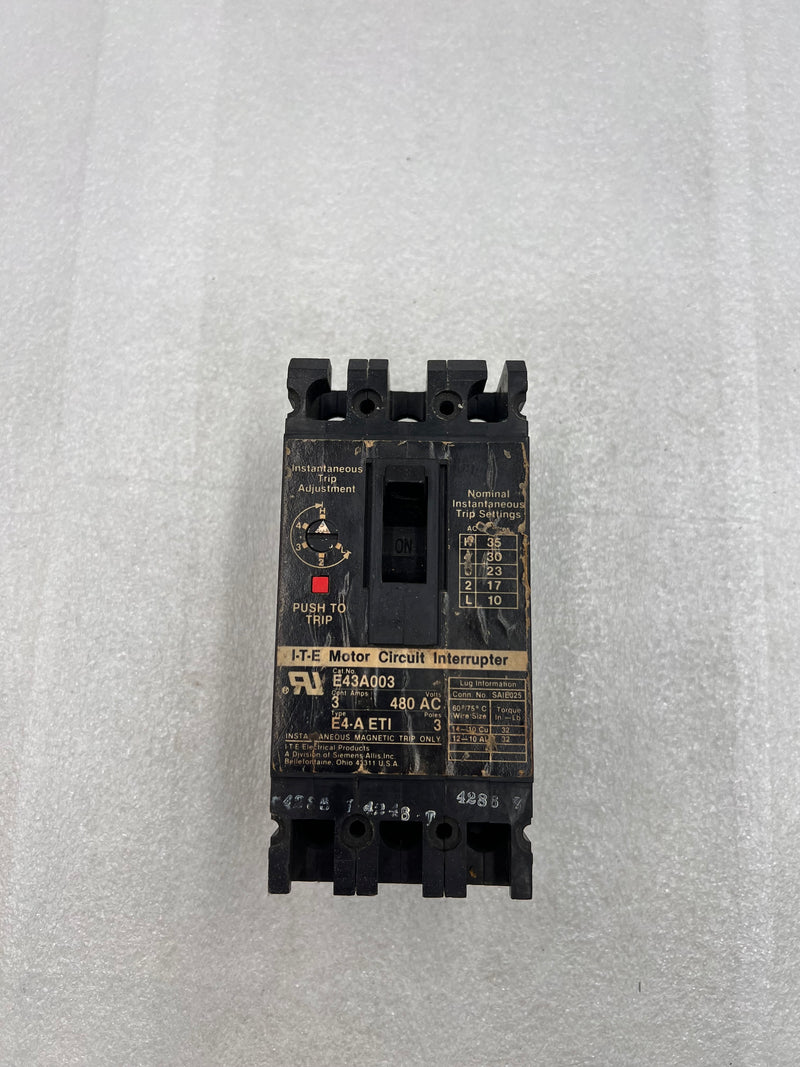 ITE E43A003 3 Pole 3A 480VAC Type E4-A ETI Circuit Breaker