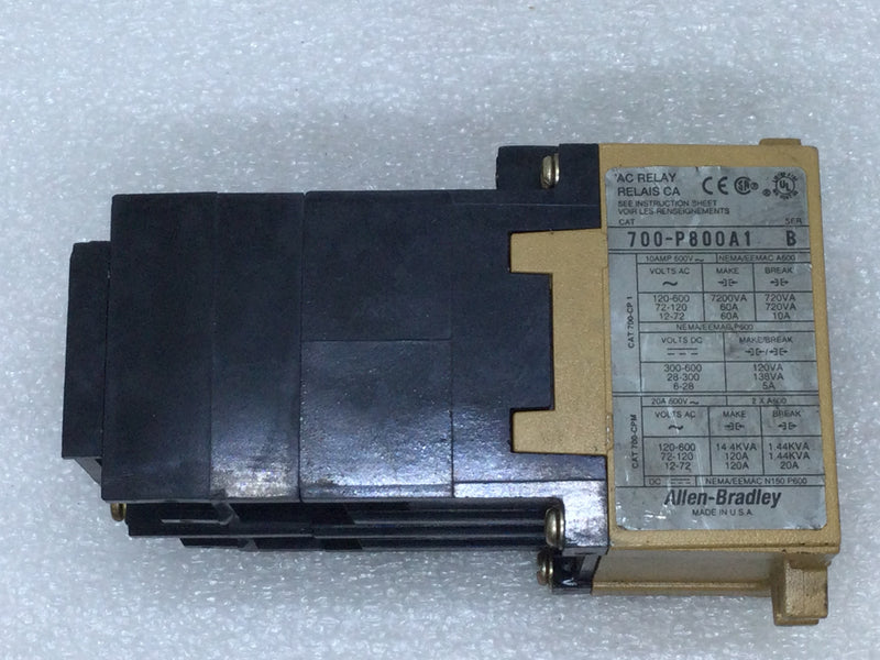 Allen-Bradley 700-P800A1 Convertible Contact Control Relay Nema A600 10A 600VAC Series A