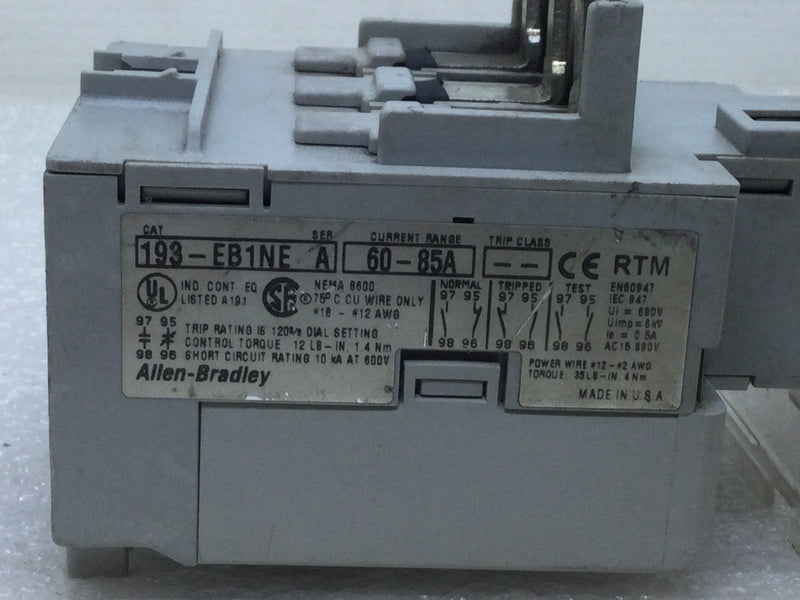 Allen-Bradley 193-EB1NE Overload Relay Series A Current range 60-85 Amp