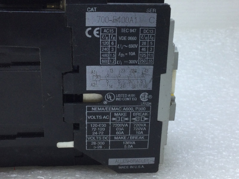 Allen-Bradley 700-F400A1 Control Relay Series C 400 Amp Max 600V